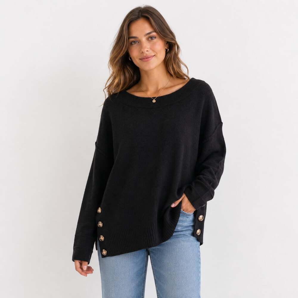 Democracy Womens Size Large Black Sweater Oversized Button Side Slit Hem